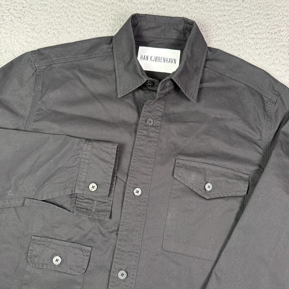 Han Kjobenhavn Army Shirt Mens M Black Military Style Pockets Long Sleeve Button
